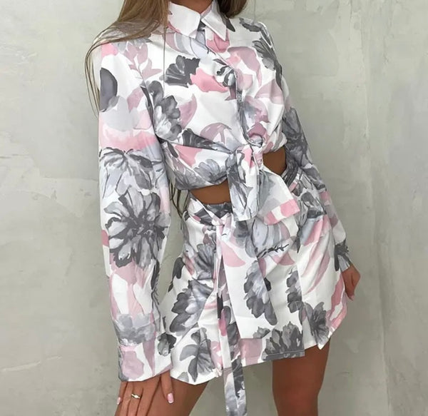 Women Sexy Floral Full Sleeve Two Piece Skirt Set