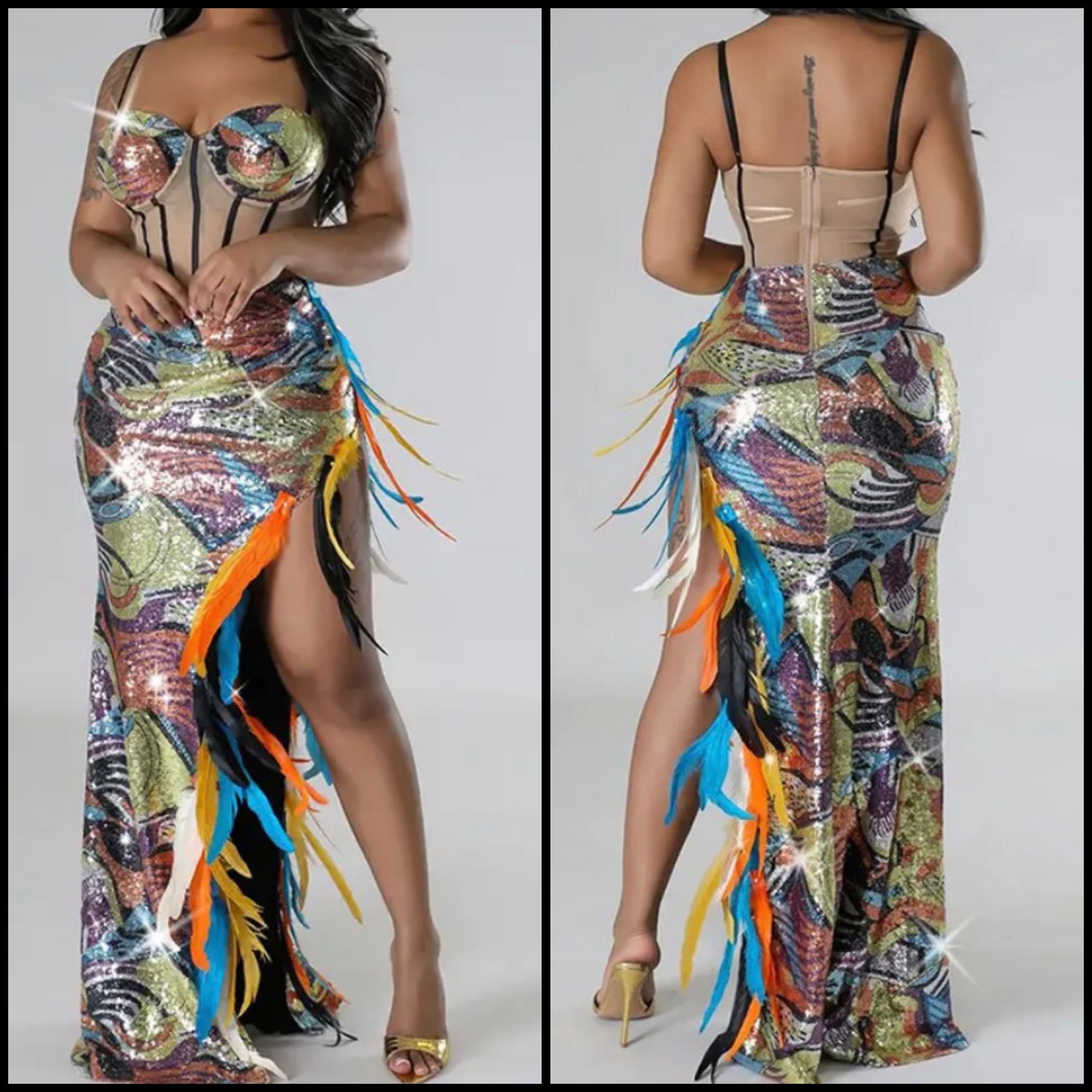 Women Sexy Sleeveless Multicolored Mesh Patchwork Feather Two Piece Bodysuit Skirt Set