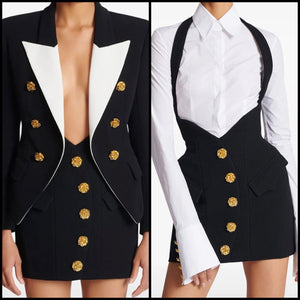 Women Sexy B&W Gold Button Up Two Piece Skirt Set