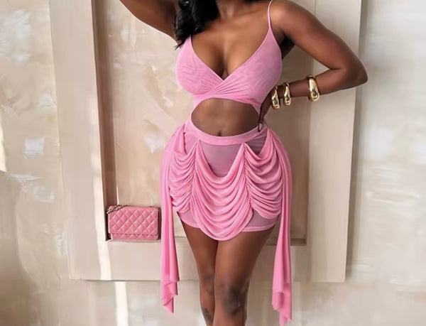 Women Sexy Sleeveless Pink Draped Tassel Mesh Dress