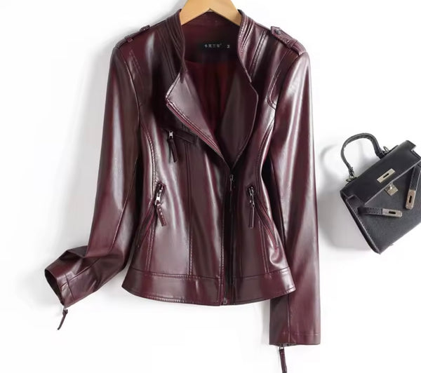 Women Color Fashion Faux Leather Jacket