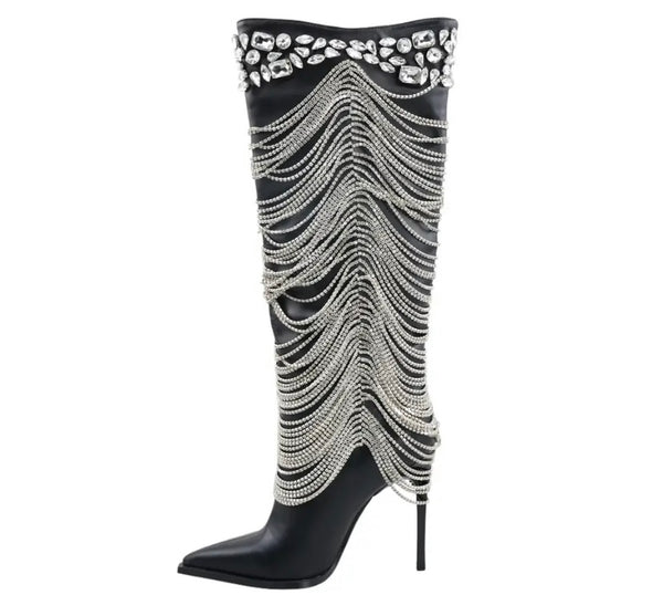 Women Black Fashion Bling Tassel Knee High Boots