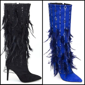 Women Fashion Feather Sequins Suede Knee High Boots