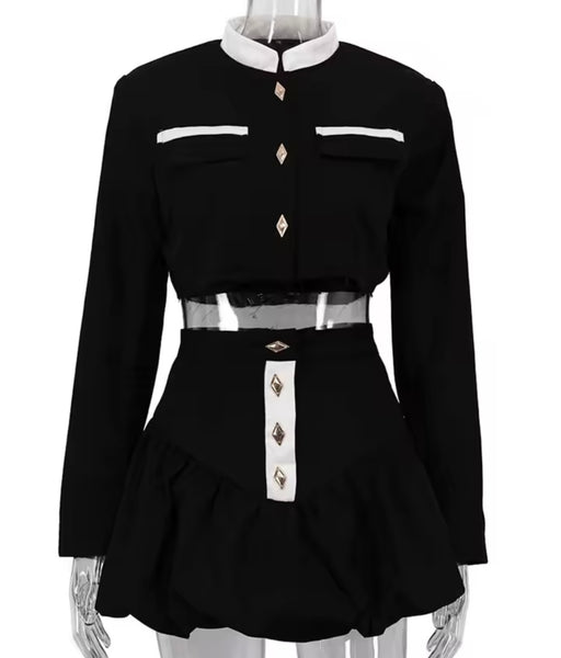 Women Color Patchwork Button Up Two Piece Fashion Skirt Set