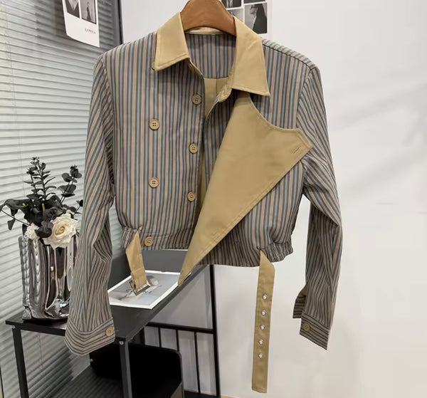Women Fashion Striped Double Breasted Buckle Jacket