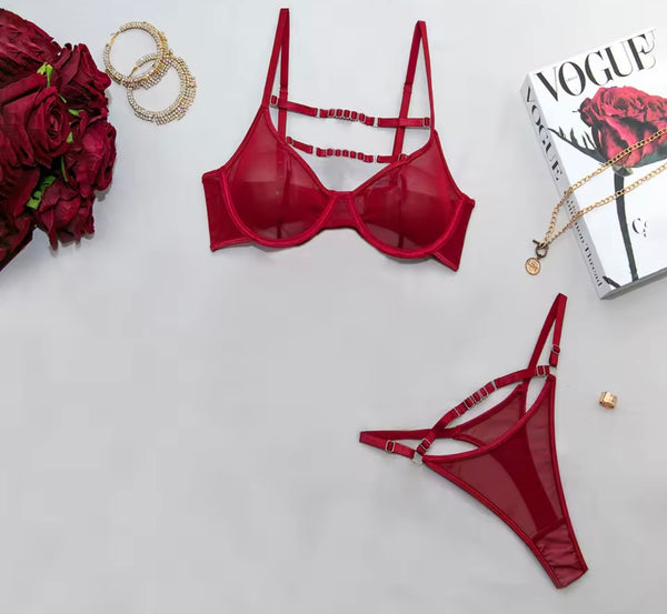 Women Burgundy Mesh Sexy Lingerie Set