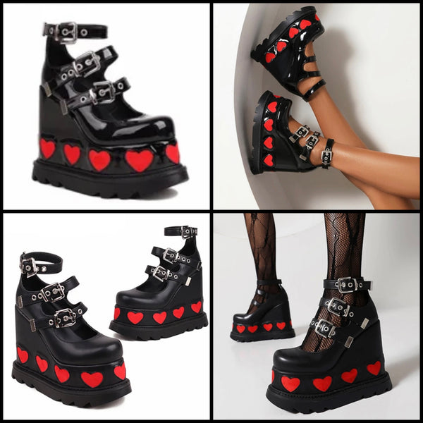 Women Fashion Buckled Heart Platform Shoes