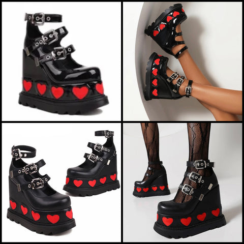 Women Fashion Buckled Heart Platform Shoes