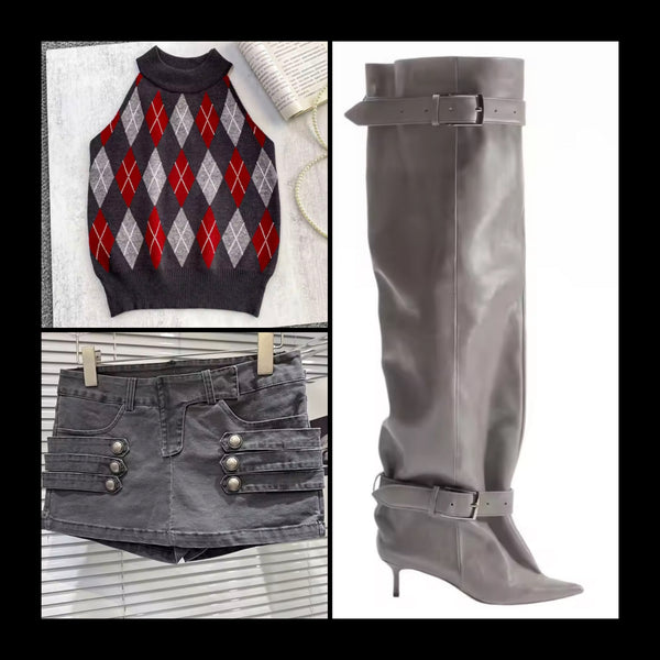 Women Fashion Argyle Print Vest Sweater Top