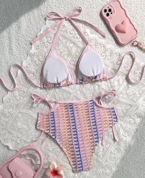 Women Pink Colorful Print Knitted Bikini Swimsuit