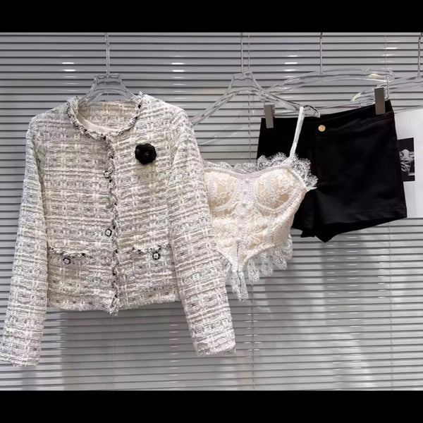Women Fashion Tweed Blazer Three Piece Short Set