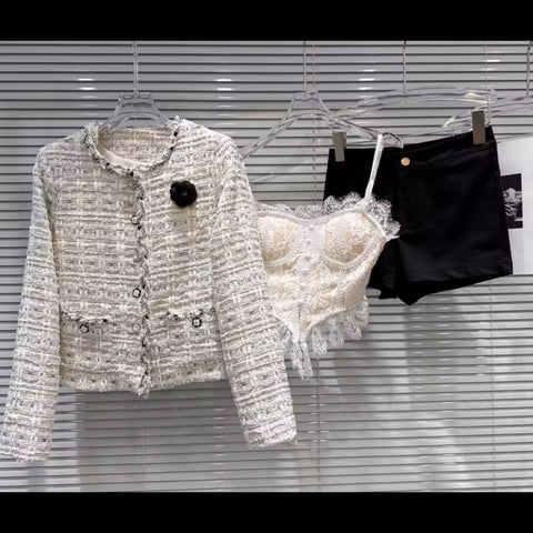 Women Fashion Tweed Blazer Three Piece Short Set
