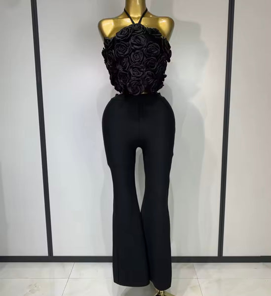 Women Fashion 3D Floral Halter Sleeveless Two Piece Pant Set