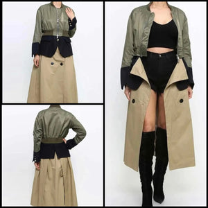 Women Fashion Color Patchwork Zip Up Trench Jacket