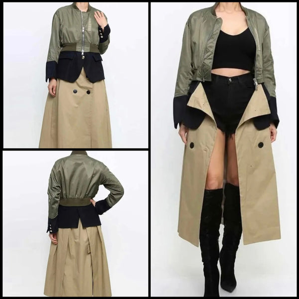 Women Fashion Color Patchwork Zip Up Trench Jacket