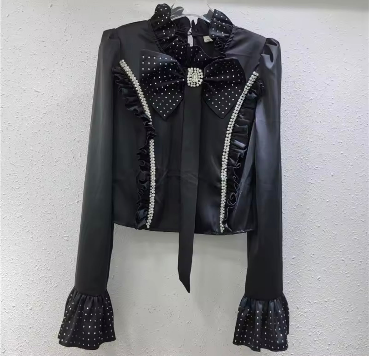 Women Bling Pearl Bow Full Sleeve Fashion Top