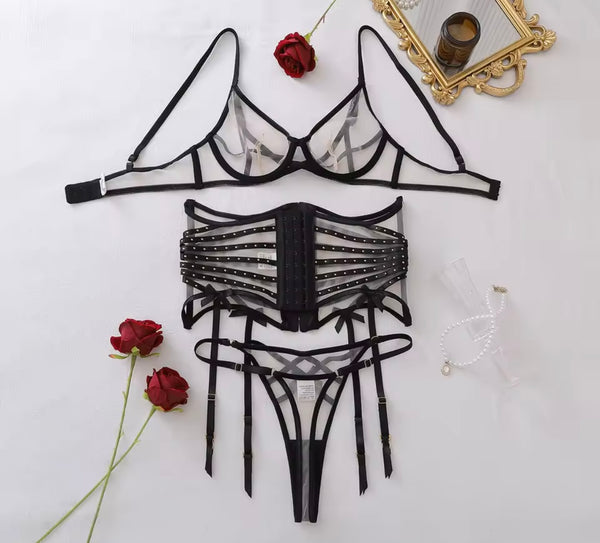 Women Sexy Black Rivet Mesh Lingerie Set