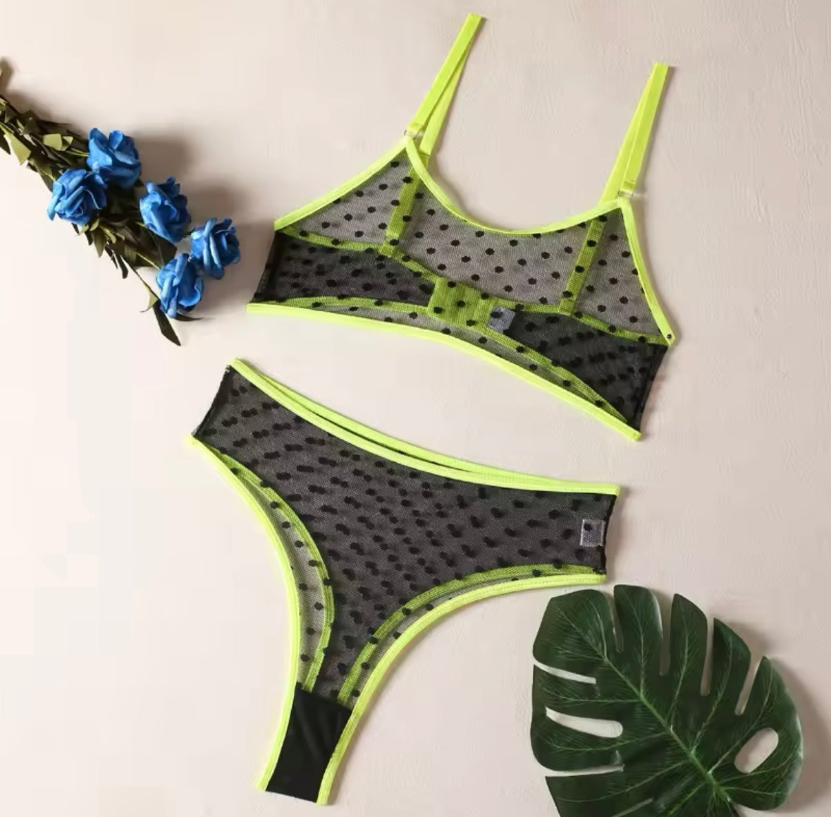 Women Sexy Neon Black Polka Dot Mesh Lingerie Set