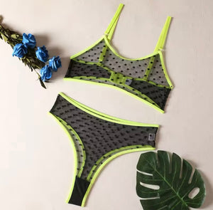 Women Sexy Neon Black Polka Dot Mesh Lingerie Set