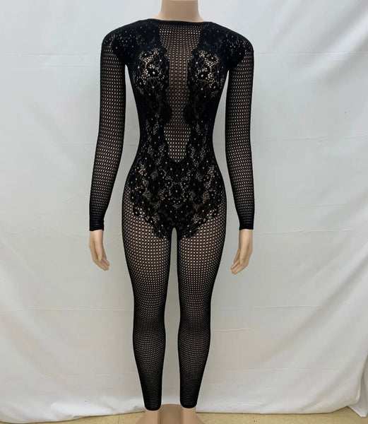 Women Black Sexy Full Sleeve See Through Jumpsuit