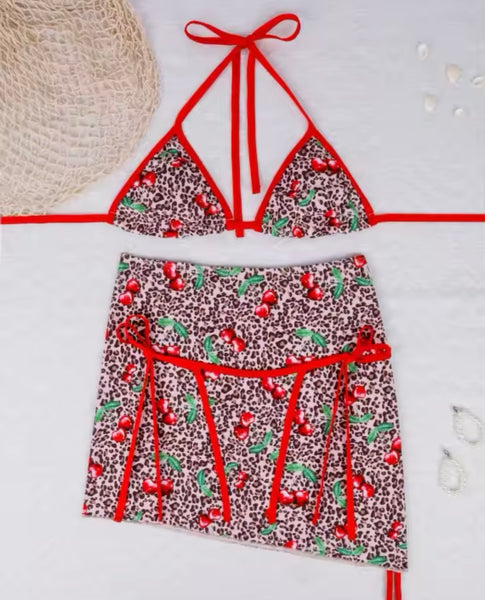 Women Sexy Halter Cherry Leopard Print Bikini Cover Up Set
