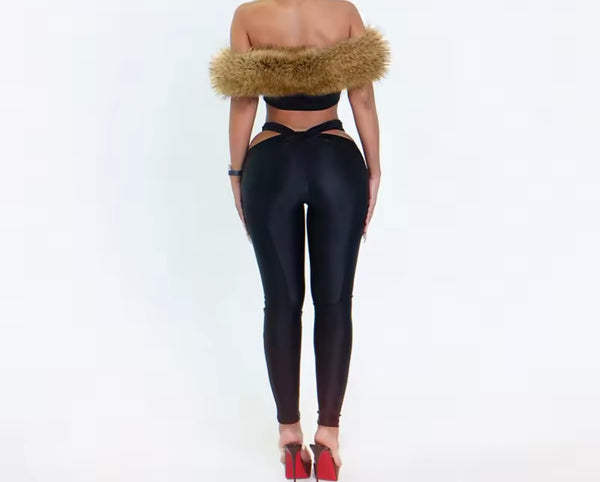 Women Sexy Strapless Black Fur Patchwork Two Piece Pant Set