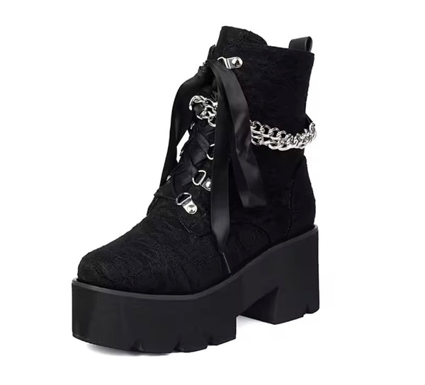Women Fashion Lace Chain Platform Ankle Boots
