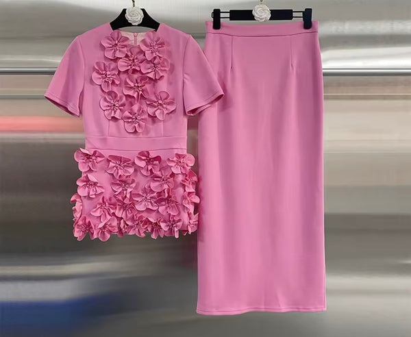 Women Solid Color Floral Short Sleeve Two Piece Maxi Skirt Set