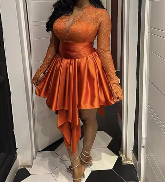 Women Orange Sexy Lace Patchwork Satin Dress