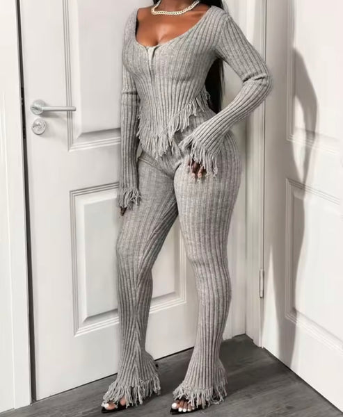 Women Gray Ribbed Fringe Full Sleeve Fashion Two Piece Pant Set