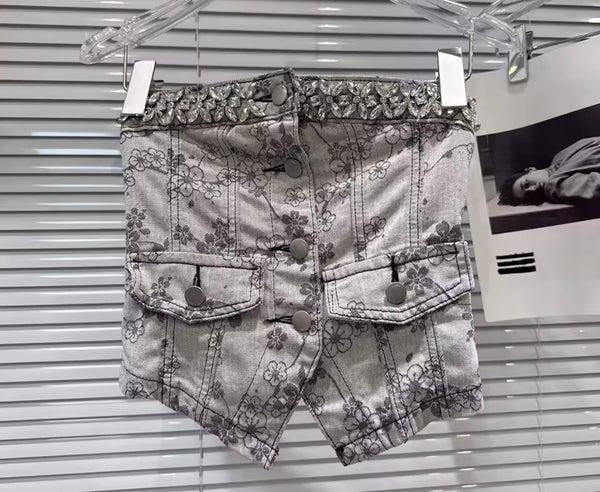Women Rhinestone Strapless Floral Denim Two Piece Wrap Short Set