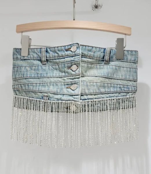 Women Fashion Button Up Strapless Tassel Denim Crop Top