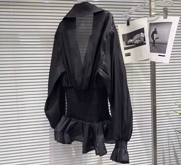 Women Collar Button Ruffle Full Sleeve Mesh Dress