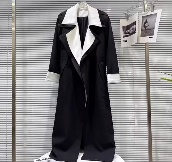 Women B&W Fashion Double Layer Turn Down Collar Trench Jacket