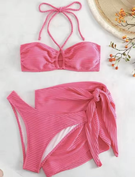 Women Sexy Halter Ribbed Bikini Cover Up Set