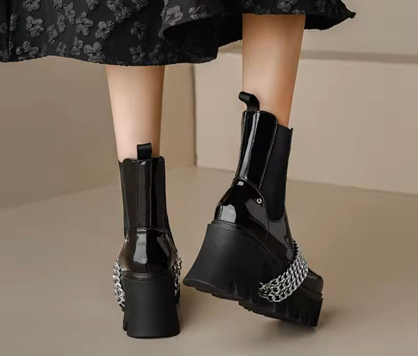 Women Black Fashion Chain Platform Ankle Boots