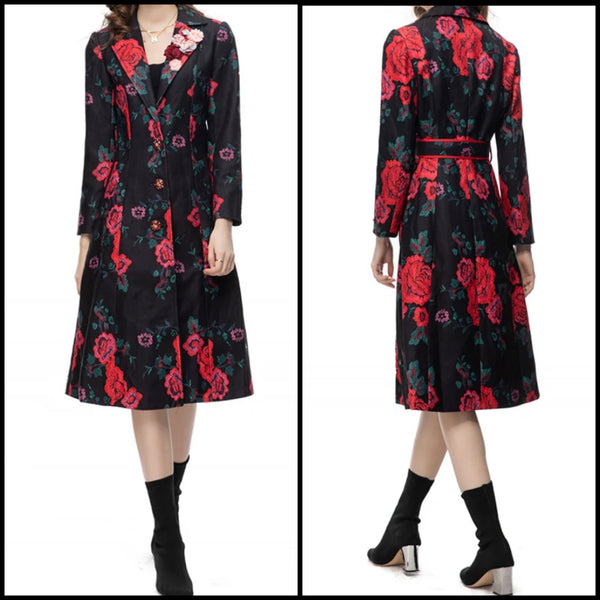 Women Fashion Floral Trench Jacket