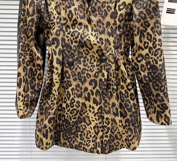 Women Fashion Leopard Print Faux Leather Trench Jacket