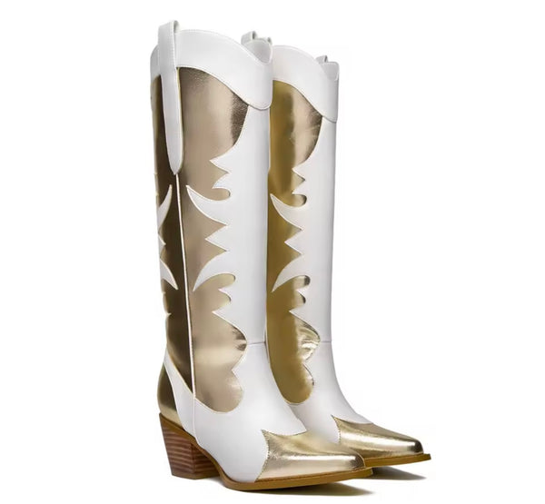 Women Color Patchwork Fashion Knee High Western Boots