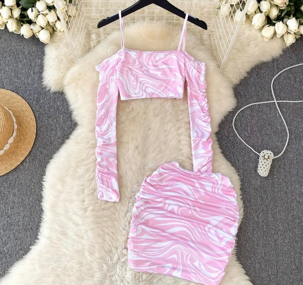 Women Sexy Pink/White Striped Full Sleeve Two Piece Skirt Set