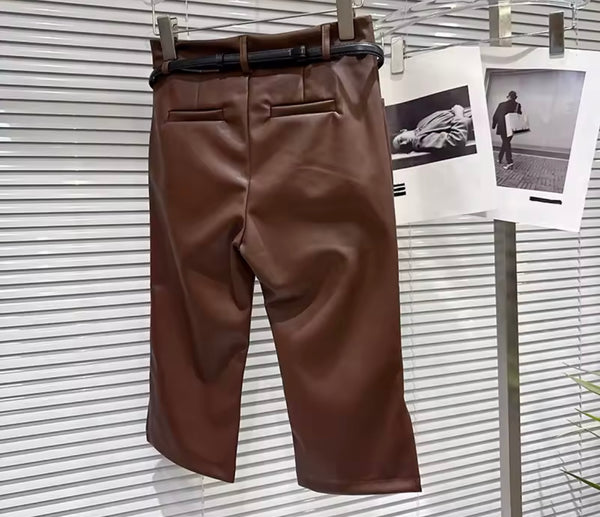 Women Color Fashion Faux Leather Capri Pants