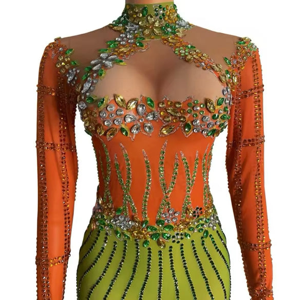 Women Sexy Rhinestone Color Patchwork Full Sleeve Mesh Dress