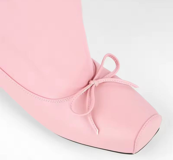 Women Pink Square Toe Bow Fashion Flat Knee High Boots