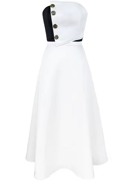 Women Sexy Button Up Strapless Color Patchwork Two Piece Maxi Skirt Set