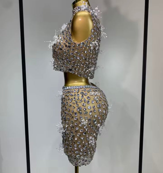 Women Pearl Rhinestone Mesh Sleeveless Sexy Two Piece Skirt Set