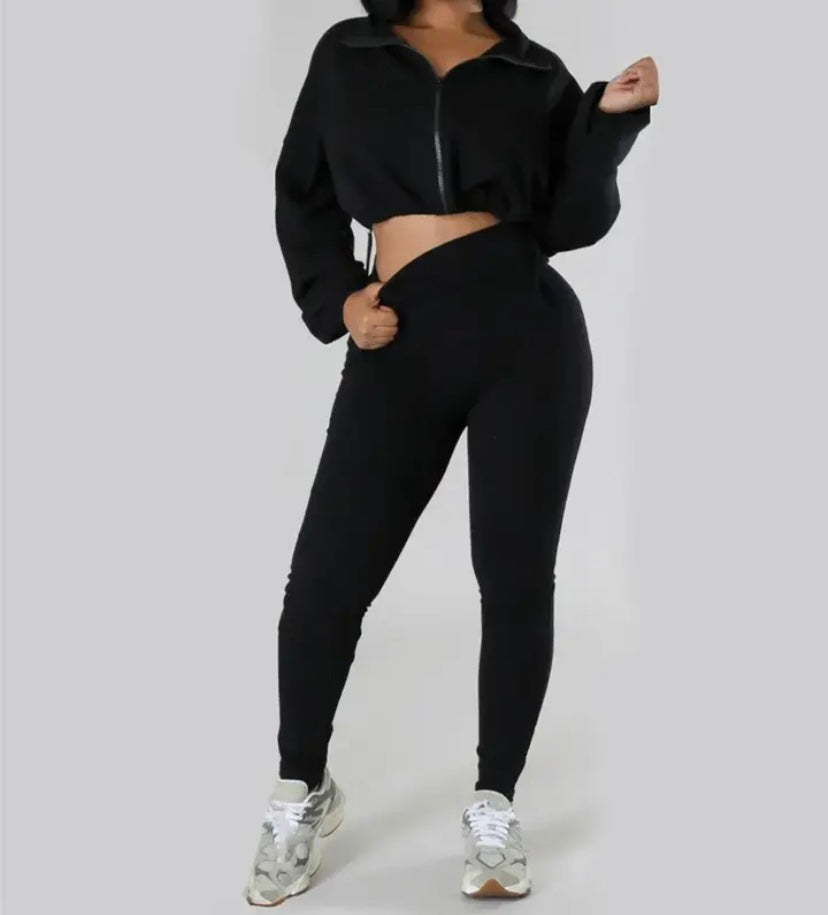 Women Color Fashion Full Sleeve Crop Two Piece Pant Set
