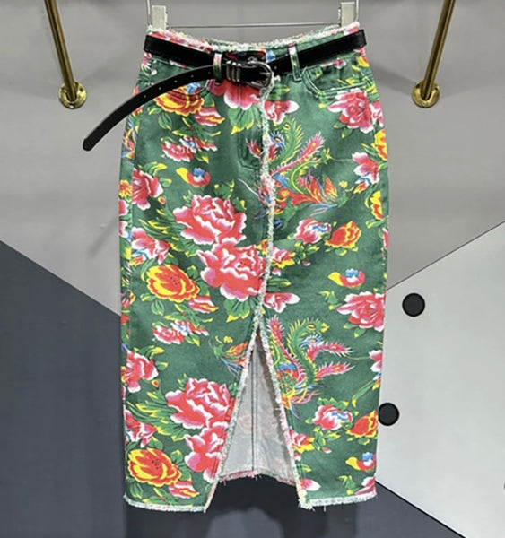 Women Sexy Fashion Green Floral Denim Long Skirt