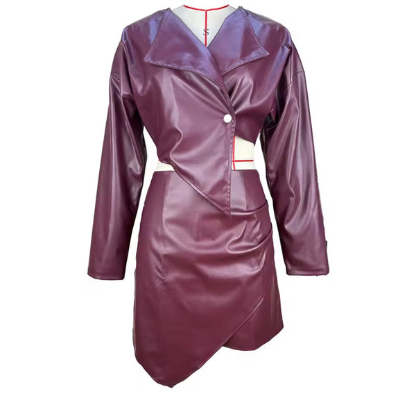 Women Color Fashion Faux Leather Two Piece Skirt Set