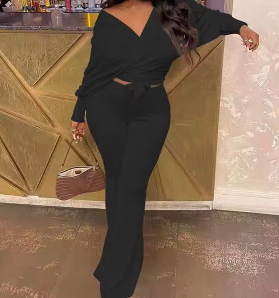 Women Fashion Full Sleeve Tie Up Crop Two Piece Pant Set