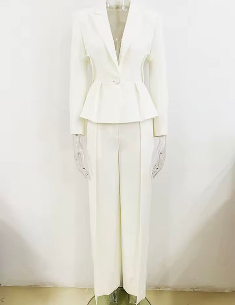 Women White Cut Out Mesh Button Up Blazer Two Piece Pant Set